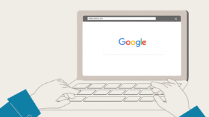 Gif animé extrait de l'animation pour le Conservateur, deux mains tapent une recherche sur Google, sur un ordinateur portable