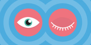 Illustration pour La bonne vue, deux yeux dont un fermé, sur fond rose et bleu