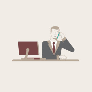 Vignette de présentation illustrée pour le Conservateur, homme en costume assis à son bureau tenant son téléphone à l'oreille
